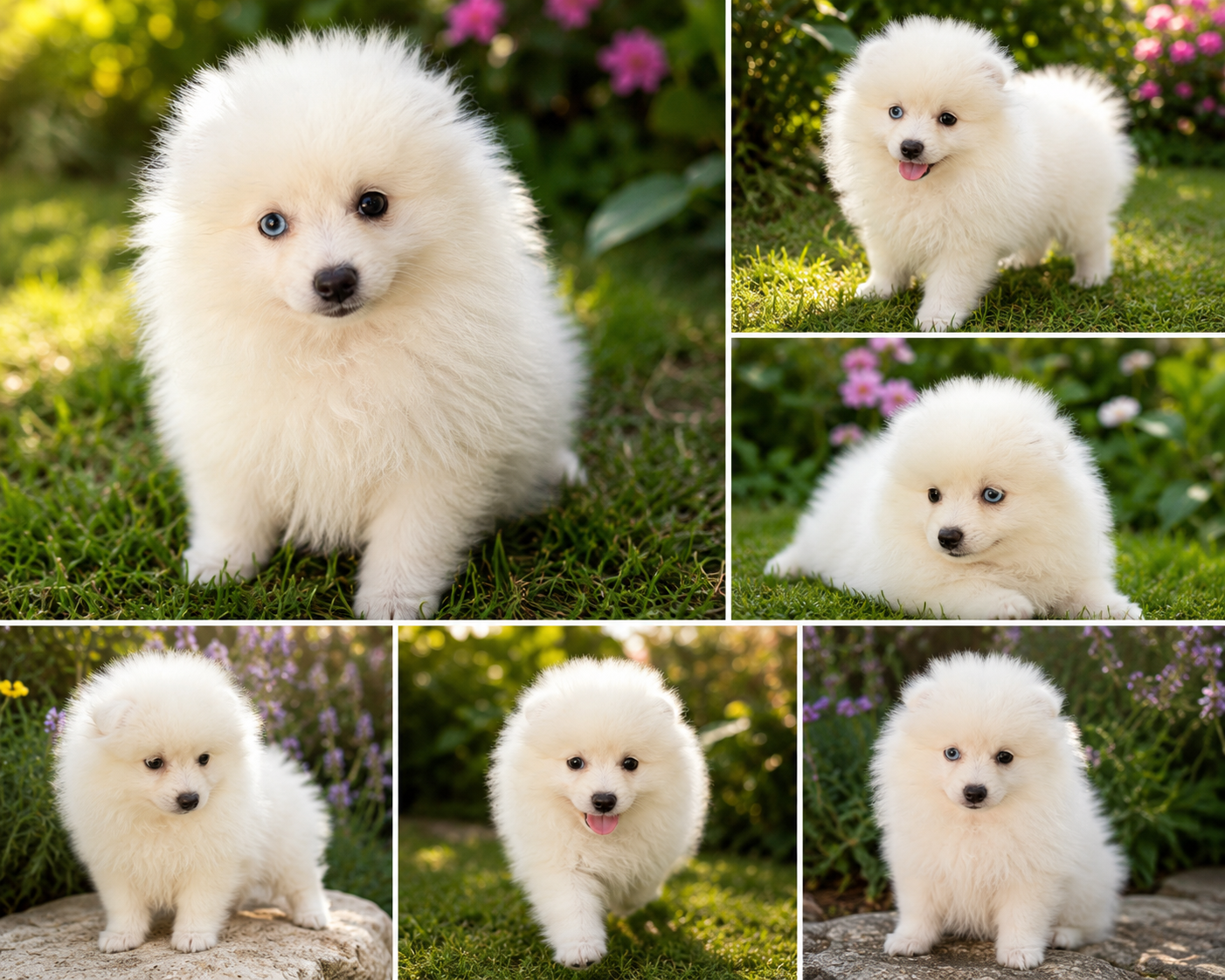 Cachorro Pomerania Blanco Presenta la característica especial y llamativa de tener un ojo de cada color, lo que aporta un aspecto único y muy bonito.