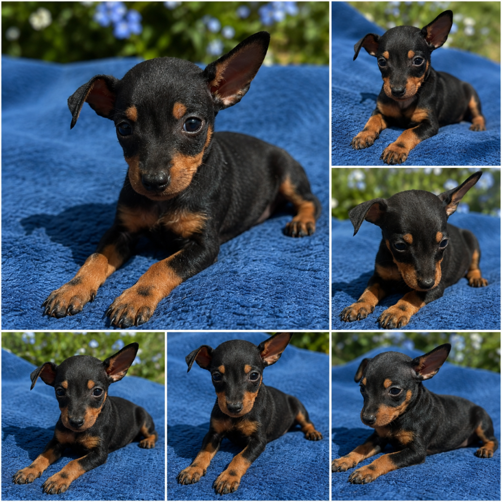 Cachorro de raza Píncher color Negro y fuego tipo