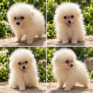 Cachorro de raza Pomerania color Blanco tipo Tamaño mini. Pesará 3kg de adulto