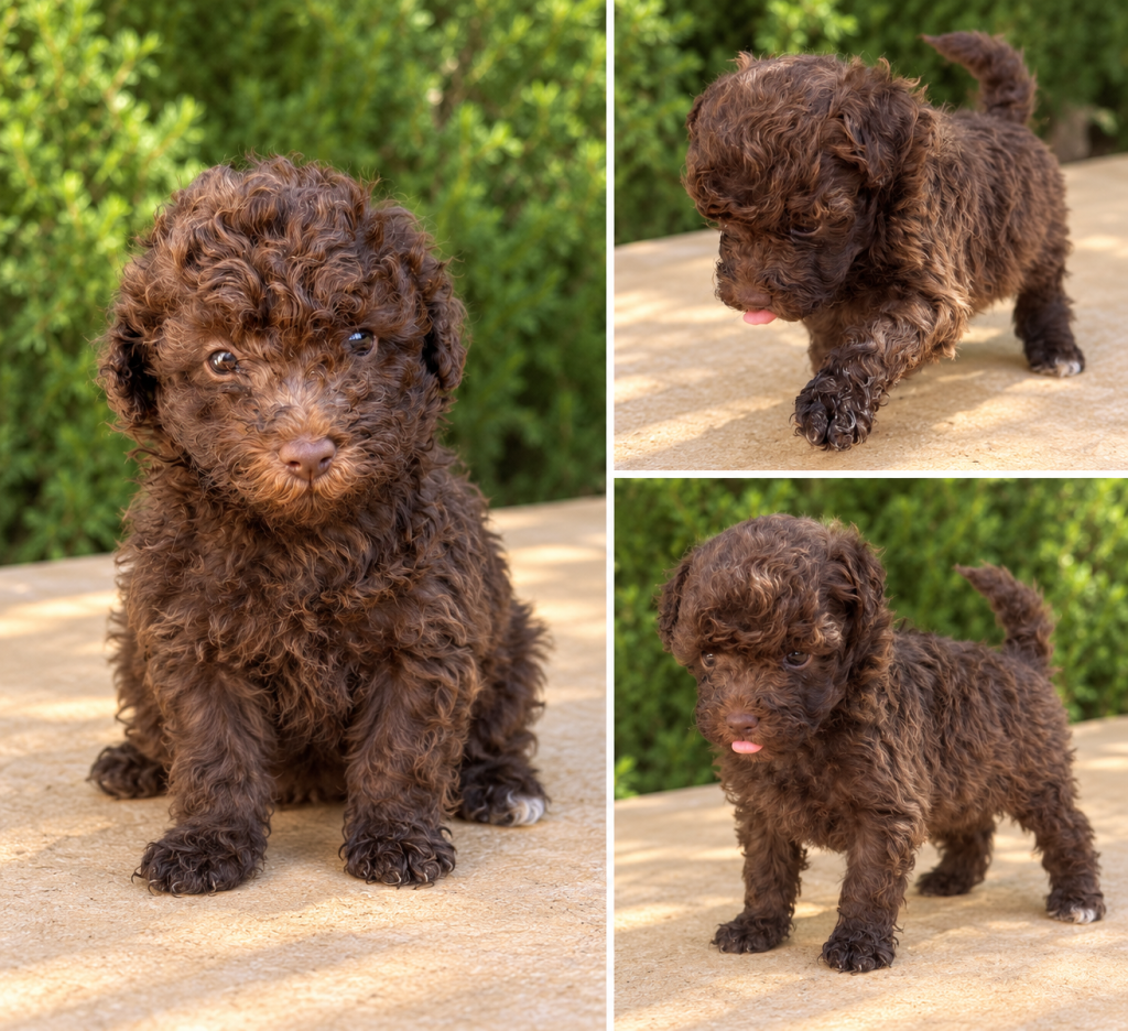 Cachorro de raza Caniche color Chocolate tipo Enano pesará 4kg de adulto