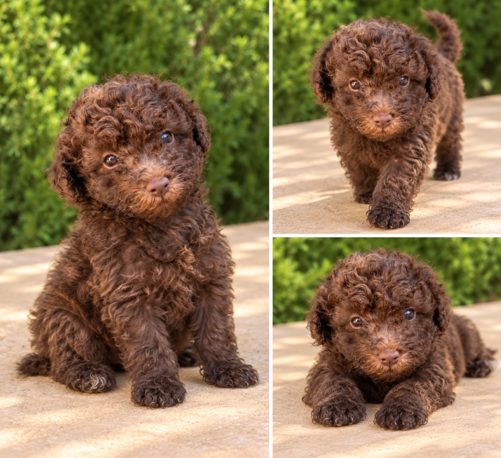 Cachorro de raza Caniche color Chocolate tipo Enana. Pesará 5-6kg de adulto